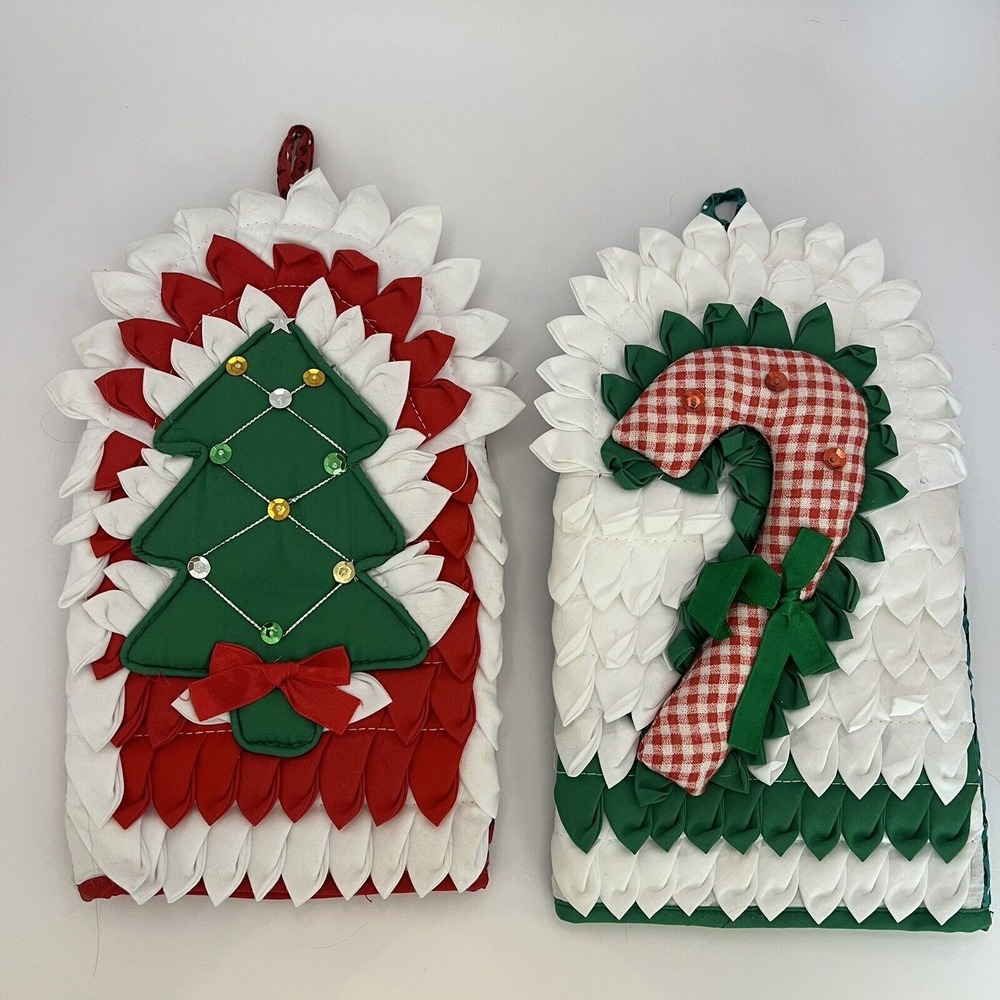 Handmade Christmas Oven Mitts Pot Holders Christmas Tree Candy Cane‎ Set